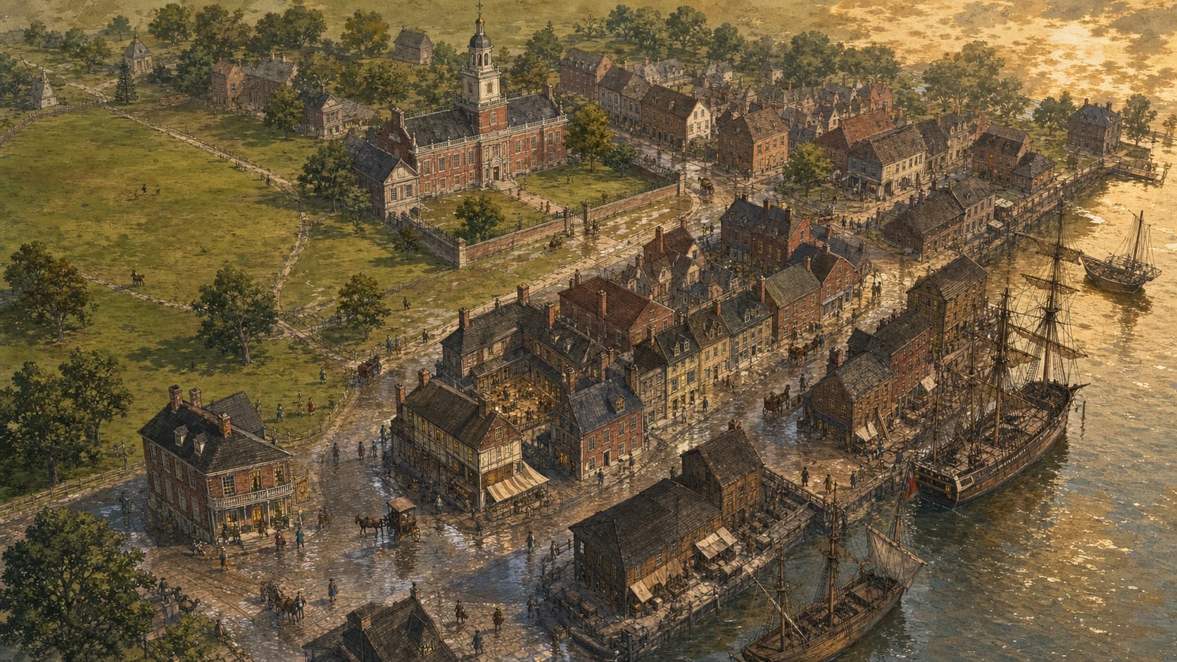 Illustrated map of Philadelphia in July 1776 with the investigation locations marked